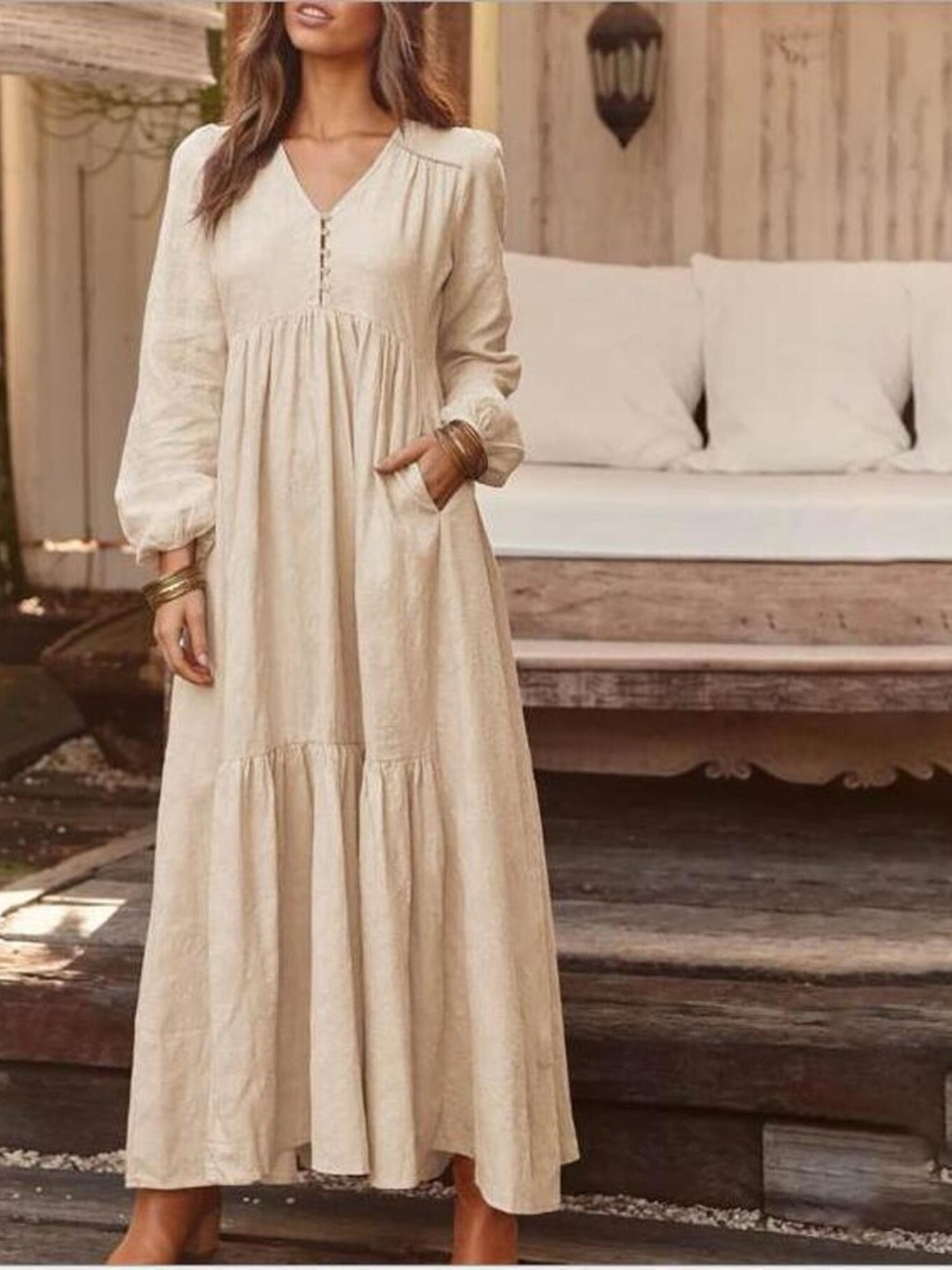 Full Size V-Neck Long Sleeve Tiered Maxi Dress with Pockets Plus Size